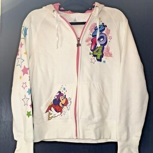 2014 Disney White Embroidered Mickey‎ & Friends Full Zip Up Hoodie M Walt Disney